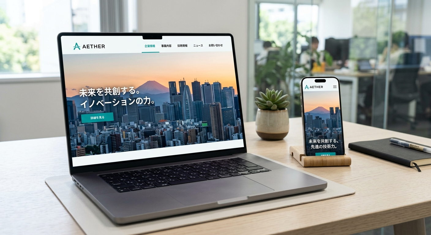 企業サイトを表示したノートPCとスマートフォン